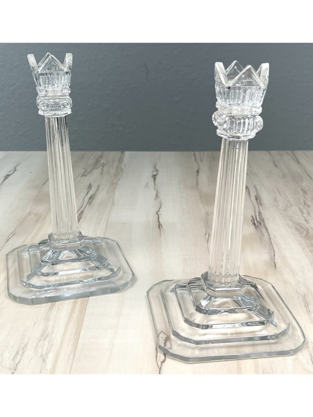 VTG Pair 2 POLONIA Clear Crystal Taper Candle CANDLESTICK HOLDERS Art Deco 8"